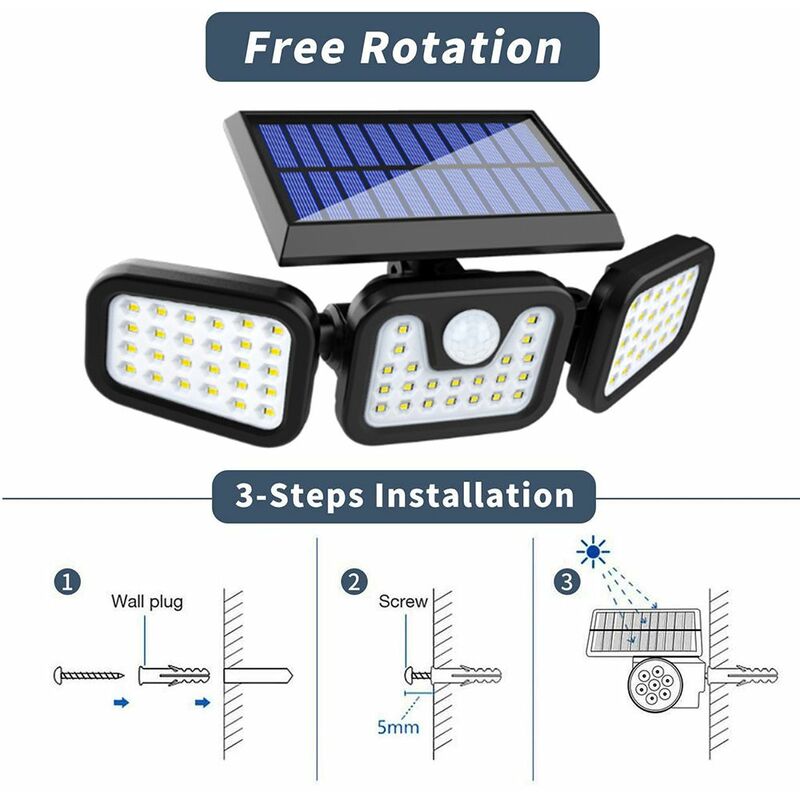3 Heads 270° Wide Angle llumination 230 LED 800LM Wireless Solar Motion Sensor Lights Outdoor 1 Pack 360° Rotatable IP65 Waterproof Security LED Flood Light Solar Lights Outdoor 