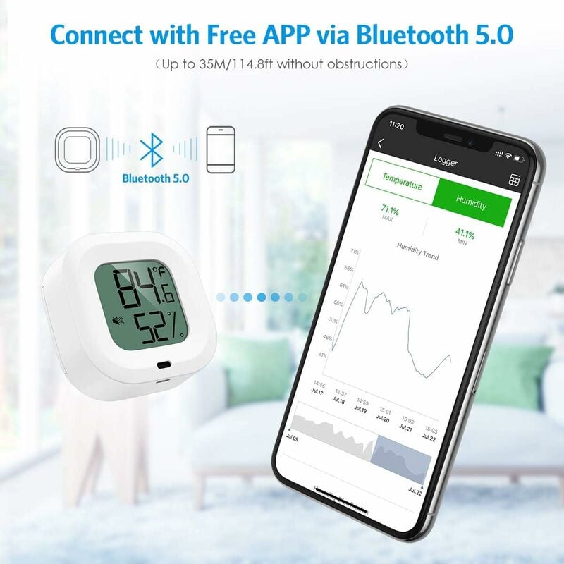 Wireless Bluetooth Thermometer Hygrometer Indoor Outdoor, Mini Bluetooth  Humidity and Temperature Sensor with Data Export for iOS Android, for  House, Wine Cigar, Living Room, Baby Room 