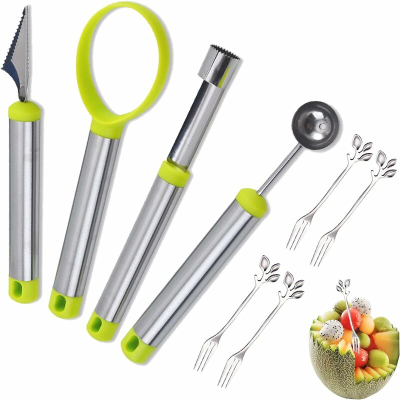 4 in 1 Stainless Steel Fruit Tool Set Carving Knife Fruit Scoop Seed Remover, Size: 21.2, Green