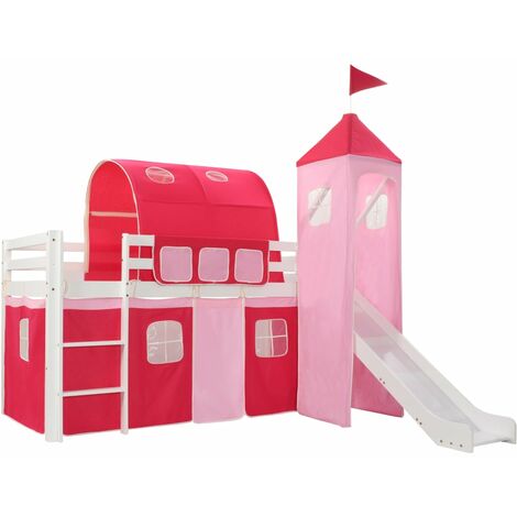 Children's Loft Bed Frame with Slide Ladder Pinewood 208x230 cm - Pink