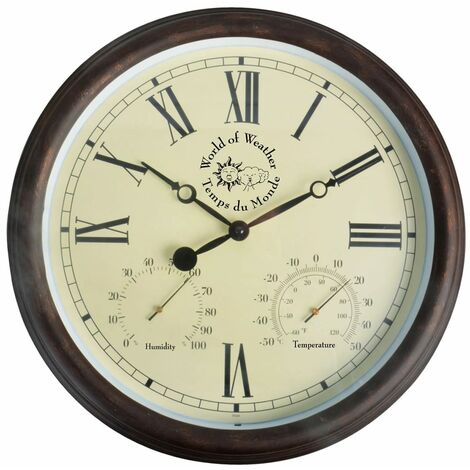 Esschert Design Station Clock with Thermo-Hygrometer 30.5 cm TF009 - Brown