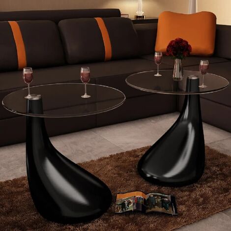 Coffee Table 2 pcs with Round Glass Top High Gloss Black - Black