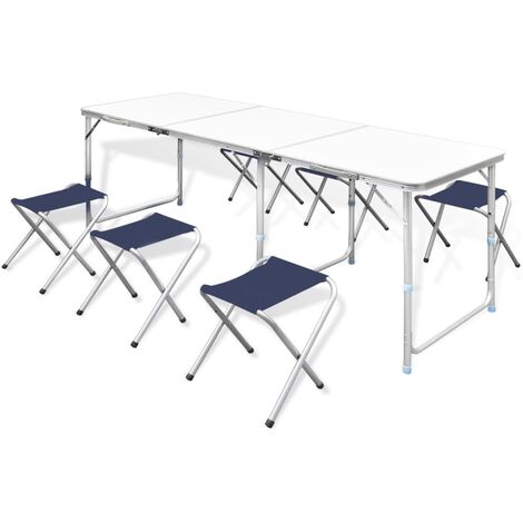 Foldable Camping Table Set with 6 Stools Height Adjustable 180x60cm - White