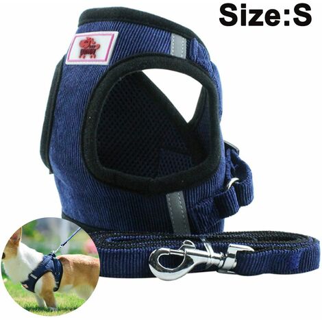 Dog Harness with Leash for Dogs, Soft Mesh Chest Harness for Medium and Small Dogs / Cats, Adjustable Reflective Breathable Puppy Harness Vest Harness, Navy blue, S