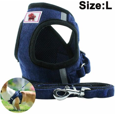 Dog Harness with Leash for Dogs, Soft Mesh Chest Harness for Medium and Small Dogs / Cats, Adjustable Reflective Breathable Puppy Harness Vest Harness, Navy blue, L