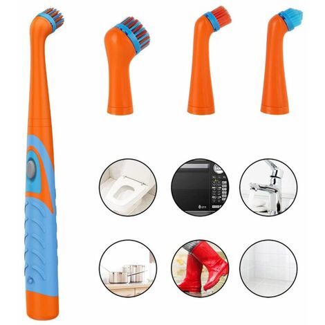 Electric Sonic Scrubber cleaning brush household brush with 4 heads for the bathroom kitchen, orange