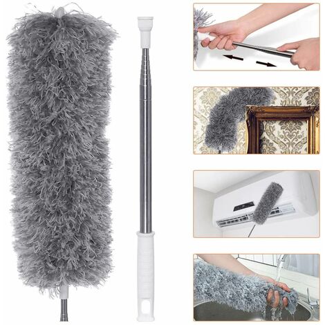 Feather duster telescopic washable, dust wiper microfiber stainless steel telescopic rod and bendable corner brush, feather duster long extendable extra long up to 100 inch, for ceilings cobwebs (gray)