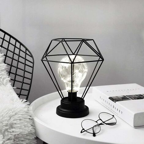 Metal Table Lamp, SUAVER Diamond Shape Bedside Lamp Floor Lamp, Battery Operated Nordic Style Iron Desk Lamp Creative Night Light Decorative Lighting For Bedroom, Hotel (Black)