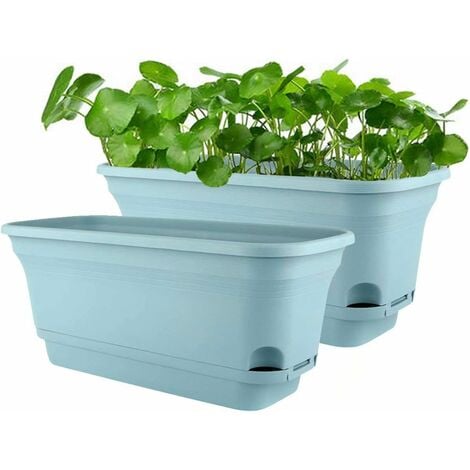 40CM Self-Watering Plant Pot Rectangular Plastic Planters, Modern Decorative Flower Pot for All Plants, Flowers, Herbs - Blue, Set of 2