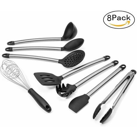 12-Piece Silicone Kitchen Cooking Utensils Set with Holder, Wooden Handle Utensils for Cooking, Kitchen Tools Include Spatula Turner Spoons Soup Ladle