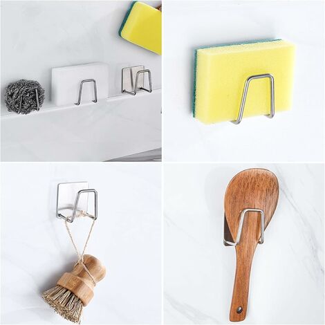Self-adhesive sponge holder - Kitchen sponge holder - Sponge holder -  Kitchen sink - Adhesive hooks for tea towels, pot lids, drain plugs (black,  2) Silver 4