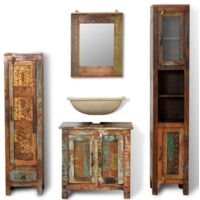 Reclaimed Solid Wood Vanity Cabinet Set with Mirror & 2 Side Cabinets - Multicolour