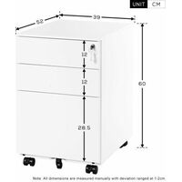 3 Drawers 5 Wheels Mobile File Cabinet Filing Pedestal Lockable Storage for A4 Metal Solid Pedestal with Keys