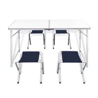 Foldable Camping Table Set with 4 Stools Height Adjustable 120x60cm - White