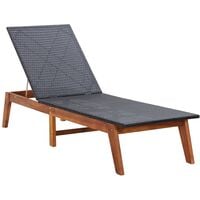 Sun Lounger Poly Rattan and Solid Acacia Wood - Black
