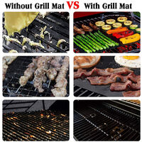 Grill Mat Set of 5 Reusable Non-Stick BBQ Mats Comes with 12 inch food clip and silicone brush, Easy to clean roasting sheets for fiber grill for gas, charcoal, electric grill
