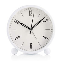Round alarm clock without ticking, battery operated and light function, super quiet alarm clock, simple and elegant design for office / bedroom, white