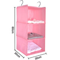 Wardrobe Organizer with 3 Compartments, Fabric Hanging Cabinet with Iron Frame, Folding Hanging Shelf, Clothes Storage System, Pink