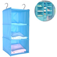Wardrobe Organizer with 3 Compartments, Fabric Hanging Cabinet with Iron Frame, Folding Hanging Shelf, Clothes Storage System, Blue