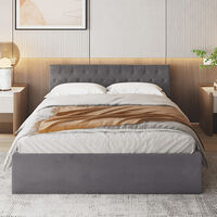 Upholstered Bed Double | Ottoman Bed Frame 4FT6 | Grey Velvet Plush Fabric | Gas Lift Up | 190*135cm，No Mattress