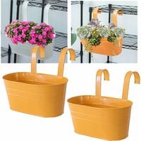Set of 2 Metal Iron Hanging Flower Pots, Balcony Railing Hanging Flowerpot with Detachable Hook, Metal Fence Bucket Planters, Wall Hanging Flower Box, Outdoor Home Decor (Yellow)