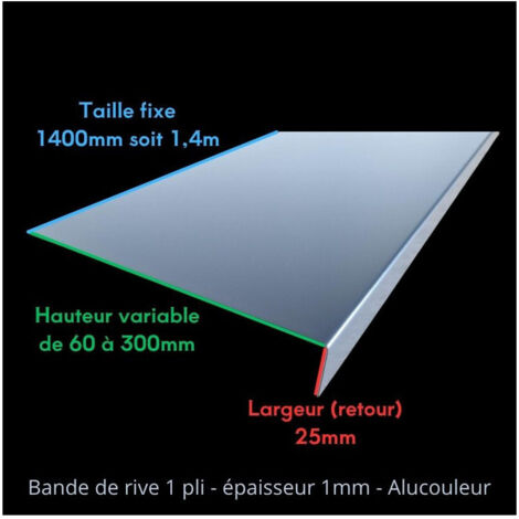 Bande de Rive Aluminium Gris RAL 9006 (1 pli, retour 25 mm, ep 1mm) Hauteur : 60 mm