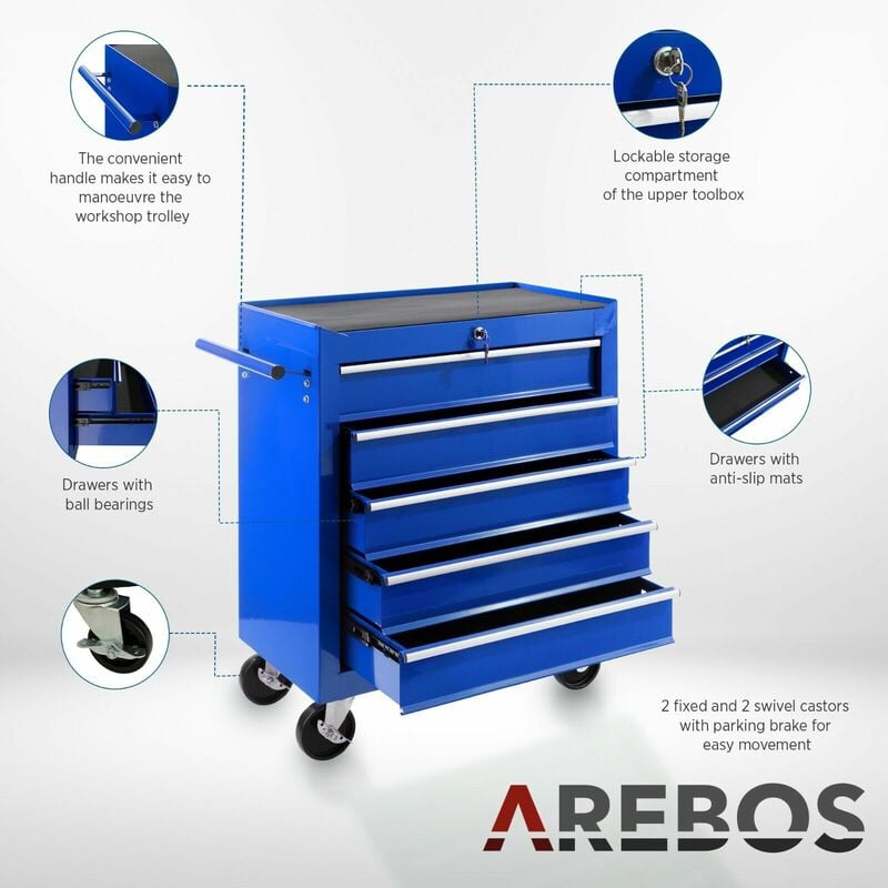 Giantz 5 Drawer Mechanic Tool Box Storage Trolley - Blue