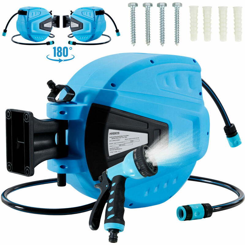 AREBOS Garden Hose Reel Automatic Retractable Water Hose Reel Wall Mounted  Blue 15 m - Blue