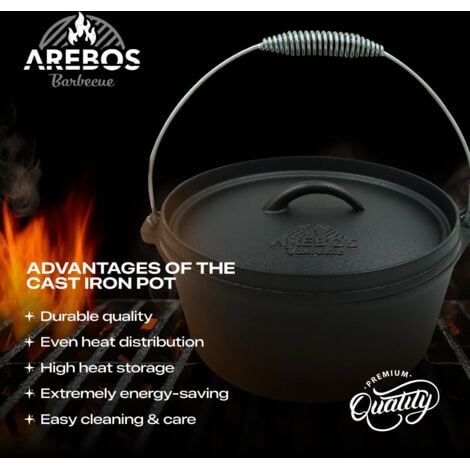 AREBOS Dutch Over BBQ Set made of cast iron with wooden box including protective glove