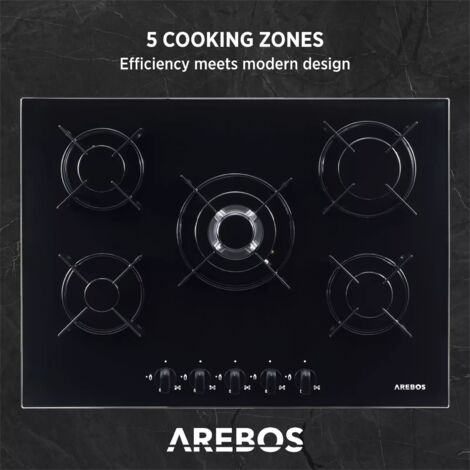 AREBOS Gas Hob 5 Burners Stainless Steel With Pan Supports & Ignition Safety | UK