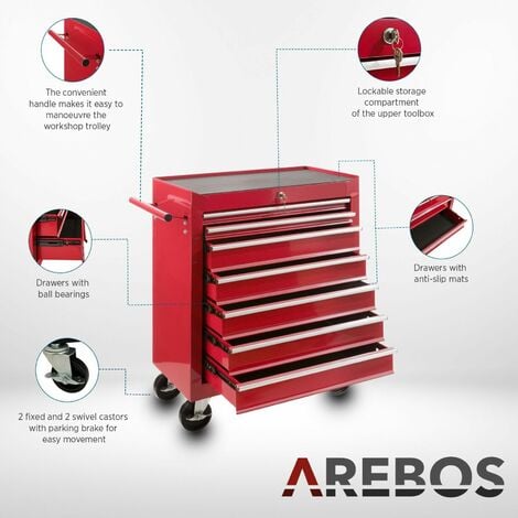 AREBOS Workshop Trolley Tool Trolley Toolbox 7 Drawers Ball Bearing Mounted