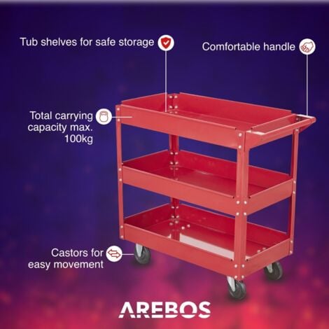 AREBOS Tool Trolley 3 Level Mobile Workshop Trolley Cart Storage Shelf on Wheels