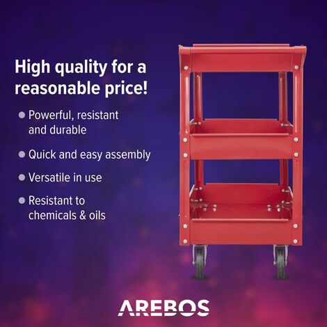 AREBOS Tool Trolley 3 Level Mobile Workshop Trolley Cart Storage Shelf on Wheels