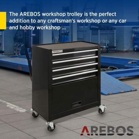 AREBOS Workshop Trolley Tool Trolley 4 Drawers + Large Compartment black