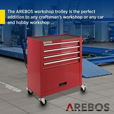 AREBOS Workshop Trolley Tool Trolley 4 Drawers + Large Compartment Red