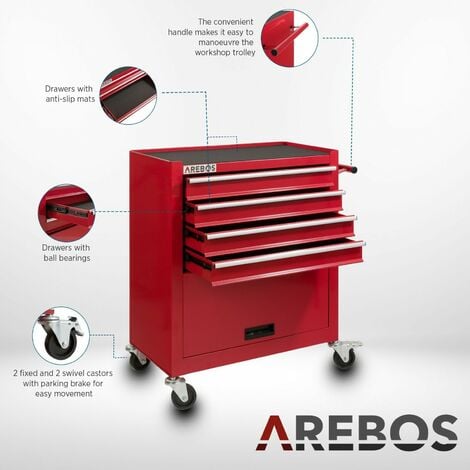 AREBOS Workshop Trolley Tool Trolley 4 Drawers + Large Compartment Red