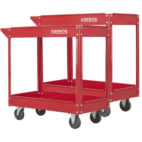 AREBOS 2x Tool Trolley 2 Level Mobile Workshop Trolley Cart Storage Shelf on Wheels