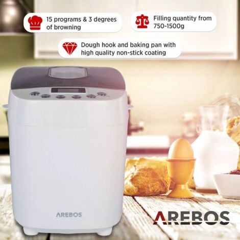 Arebos 1500g Bread Maker | With 15 Programs | 2 Kneading