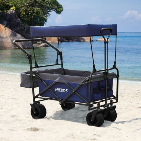 Folding Outdoor Wagon Garden Shopping Beach Cart W/Adjustable Handles 2 Cup Holders for Shopping and Park Picnic Black Cart Beach Trip Outdoor Activities 