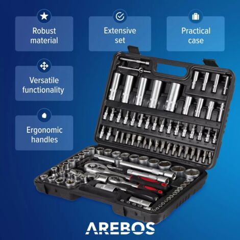 AREBOS 108-pc Socket Wrench Set Nut Box Ratchet Box Tool Car Case