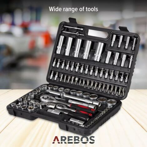 AREBOS 108-pc Socket Wrench Set Nut Box Ratchet Box Tool Car Case