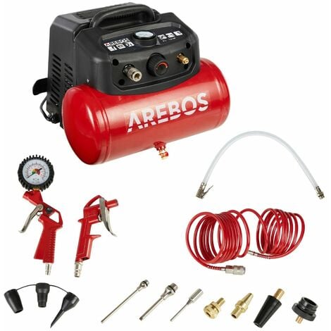 AREBOS 6L Compressor 1200W Includes 13-Piece Air Tool Set Automatic Shut-Off Extra Long Air Hose Oil-Free Air Compressor 8 Bar