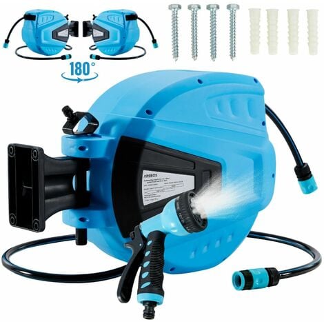 AREBOS Hose Pipe Reel 20 m Swivel Hose Reel Wall Hose Box with Locking Stop  Includes Wall Mount Automatic Reel Mechanism Blue