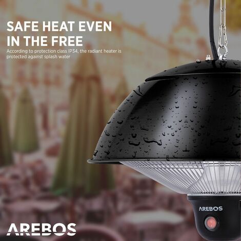 AREBOS radiant ceiling heater 1.500 W incl. remote control Black 3 heat  settings Balcony heater Tent heater Electric patio heater