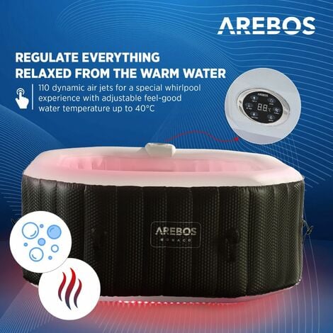 AREBOS Inflatable Hot Tub  Indoor & Outdoor Spa Pool with LED lighting  154x154 cm  4 persons  110 massage jets  with heating  600 liters  Incl. cover  Bubble Spa & Wellness Massage