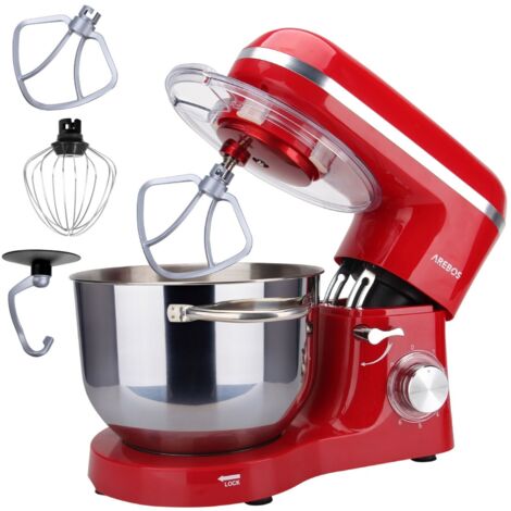AREBOS Food Processor 1500W with 6L Stainless Steel Mixing Bowl Red incl. Mixing Hook, Dough Hook, Whisk Splash Guard 6 Speeds Kneading Machine Dough Machine