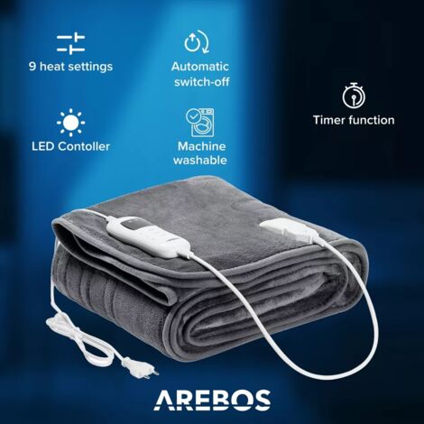 AREBOS Electric Heating Blanket 200x180cm Warming Blanket Washable Cuddly Blanket Grey