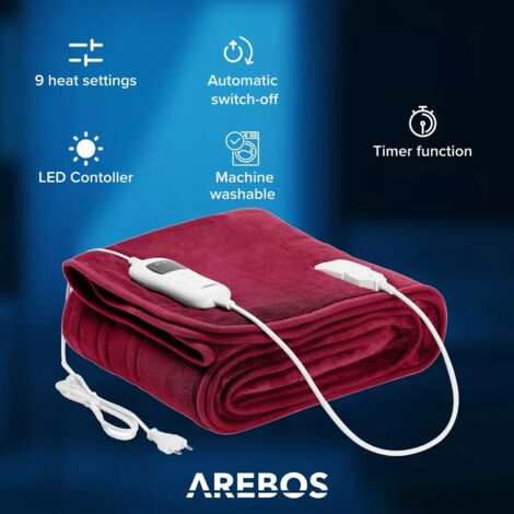 AREBOS Electric Heating Blanket 160x120cm Warming Blanket Washable Snuggle Blanket Bordeaux