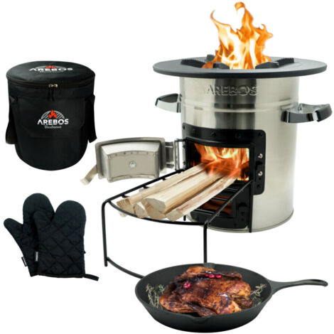 AREBOS Rocket Stove incl. Grill Pan Dutch Oven BBQ Rocket Stove Camping Stove Silver