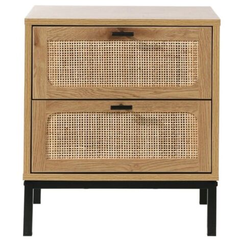 Nachttisch Rattan In Eiche-Optik – Mit Schublade & Moru-Glas, Goldener Rahmen, Moderner Stil
